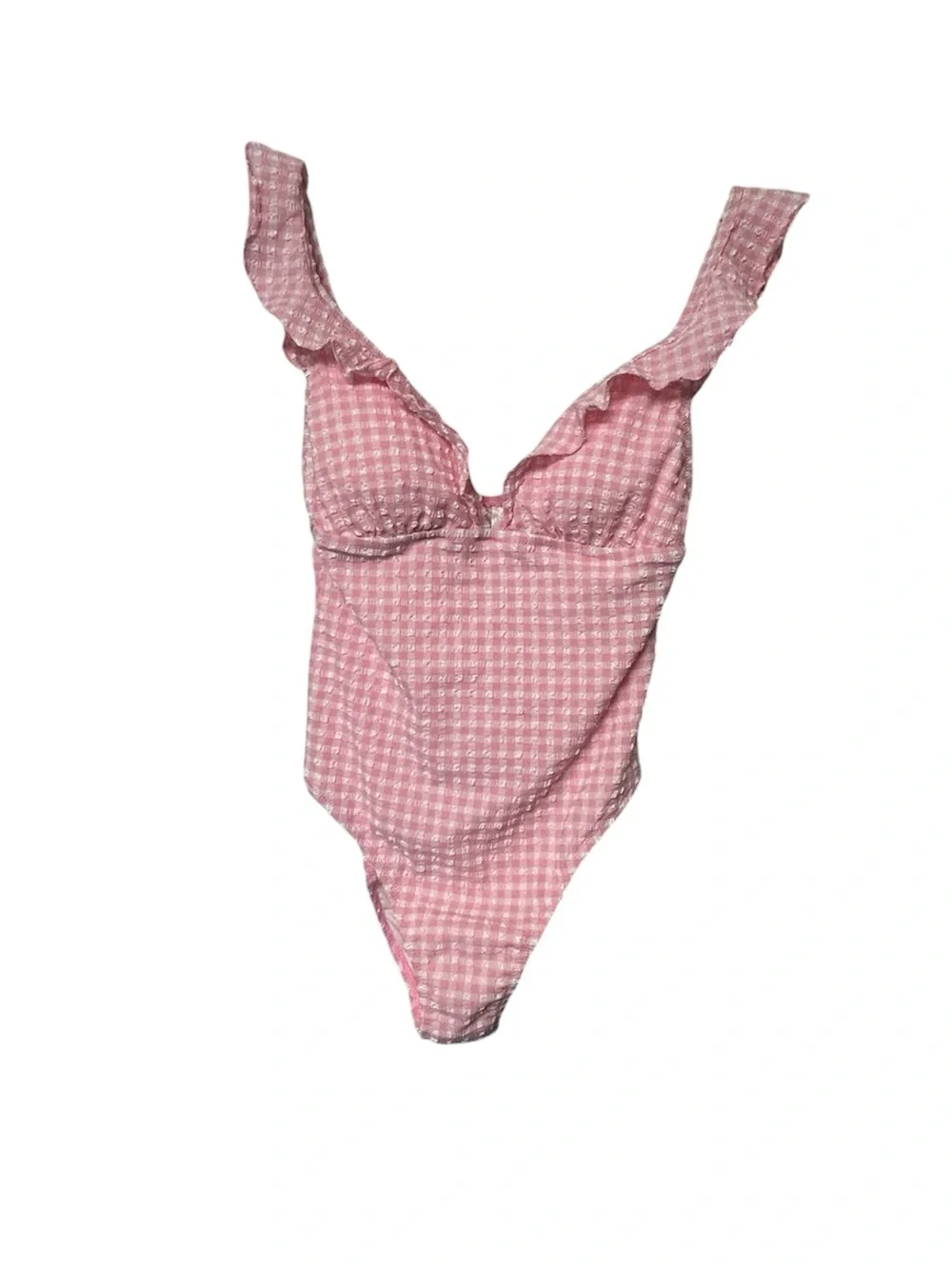 J. Crew NWT PINK Ruffle plunging V-neck one-piece swimsuit in puckered gingham